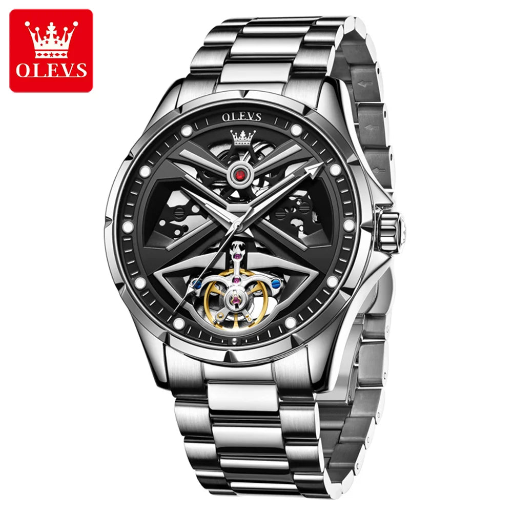 Reloj para hombre OLEVS 6655, modelo esqueleto totalmente automático; reloj de pulsera mecánico de lujo, luminiscente y resistente al agua.