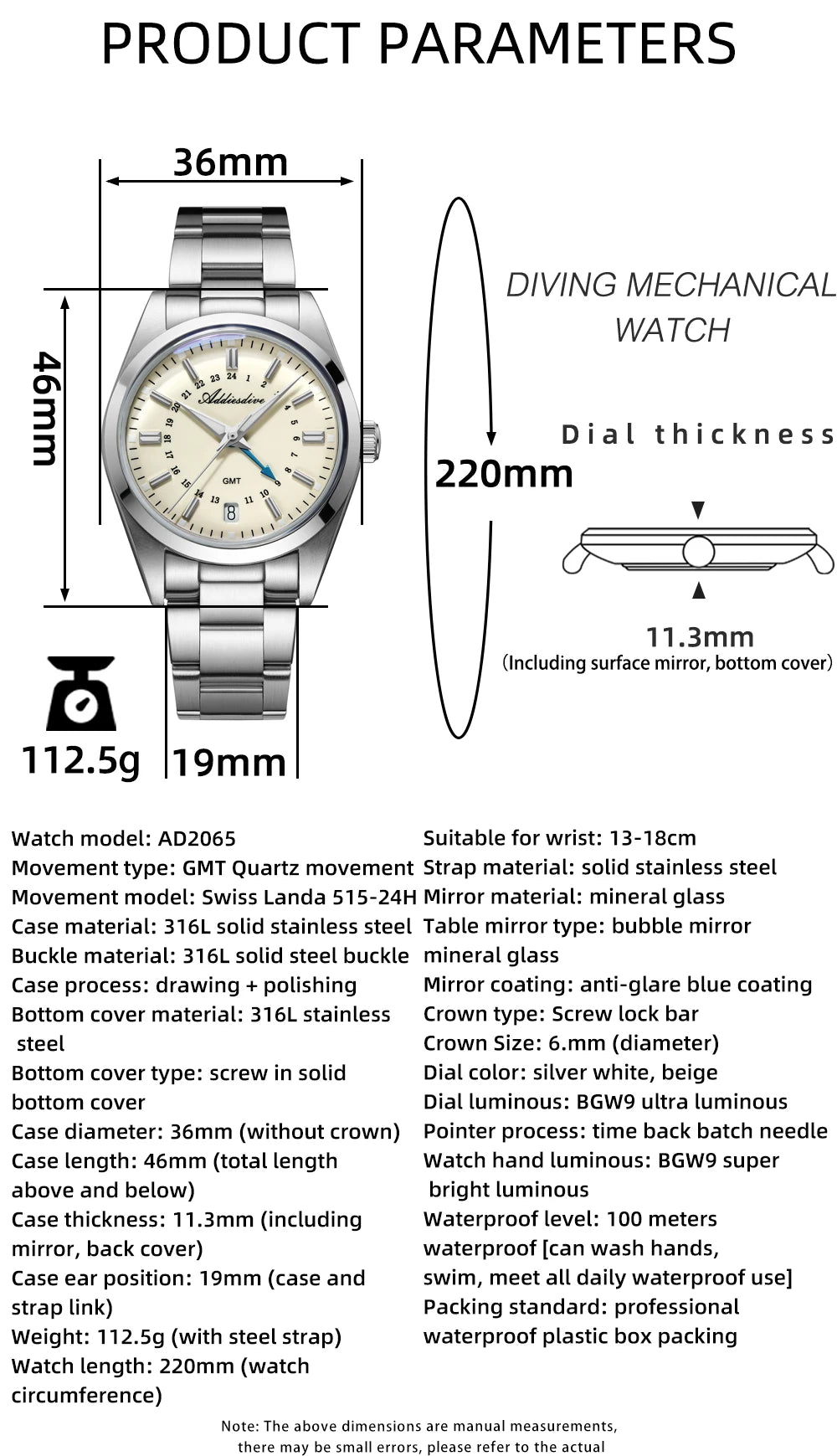ADDIESDIVE Hot Brand 36mm Luxury GMT Watch Gift for Men 10Bar Waterproof BGW9 Super Luminous 316L Stainless Steel Quartz Watches