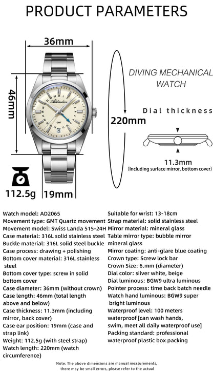 ADDIESDIVE Hot Brand 36mm Luxury GMT Watch Gift for Men 10Bar Waterproof BGW9 Super Luminous 316L Stainless Steel Quartz Watches