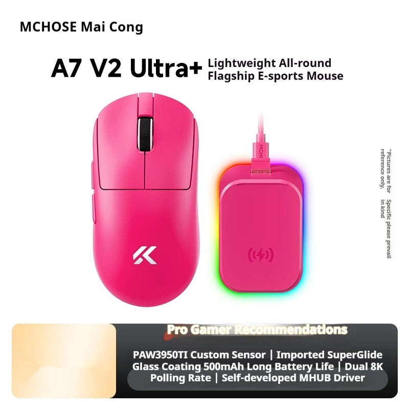 Mouse wireless MCHOSE A7 V2 Ultra+ Tri-Mode ultraleggero Paw3950 Ti 42000dpi 500mah per PC, esports e laptop, accessori gaming