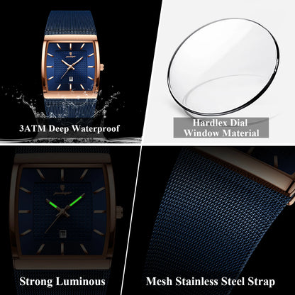 POEDAGAR Men’s Luxury Rectangle Quartz Watch Stainless Steel Mesh Strap, Luminous Dial & Date