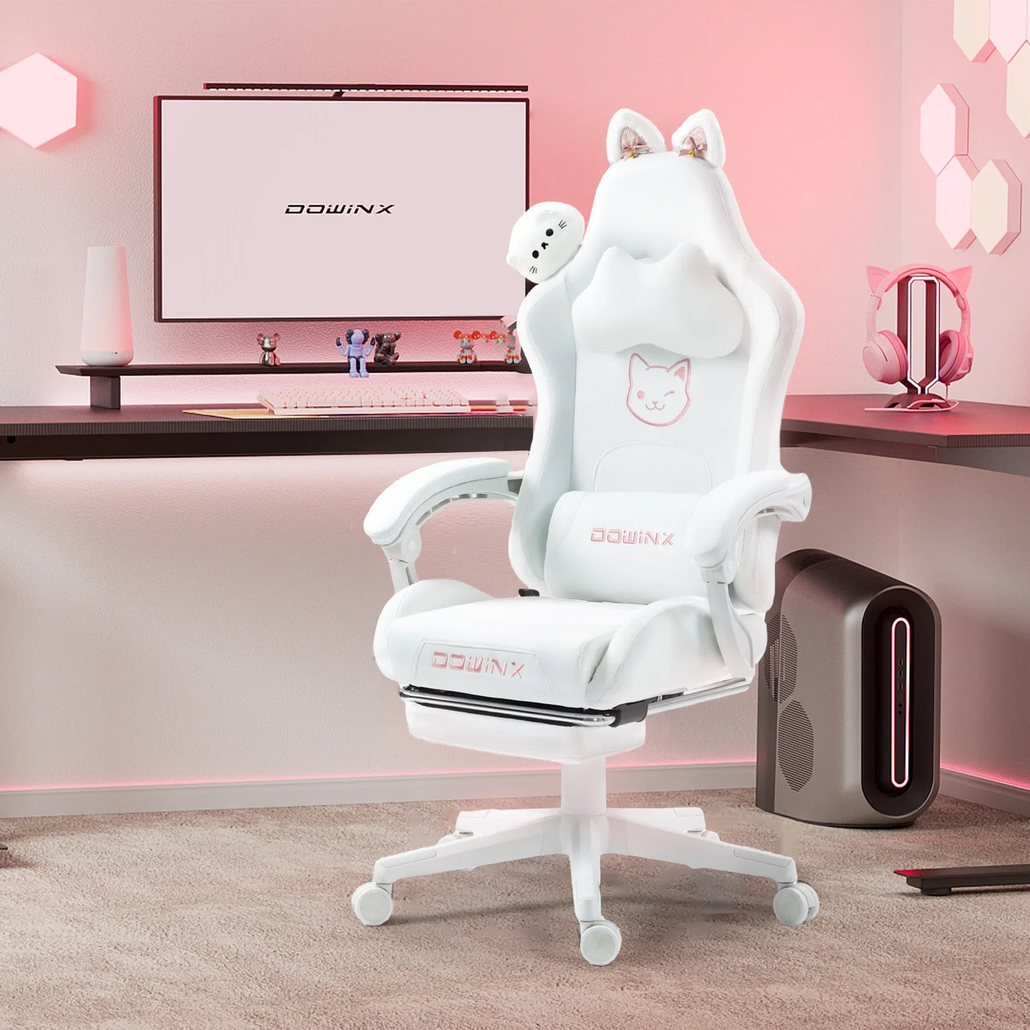 Silla gaming cute con orejas de gato, reposapiés rosa kawaii, silla de ordenador ergonómica de respaldo alto para gamers con soporte lumbar de pata de gato