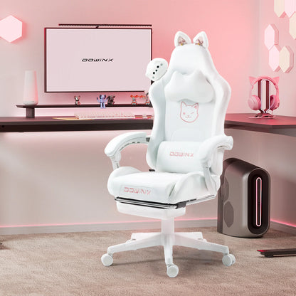 Silla gaming cute con orejas de gato, reposapiés rosa kawaii, silla de ordenador ergonómica de respaldo alto para gamers con soporte lumbar de pata de gato
