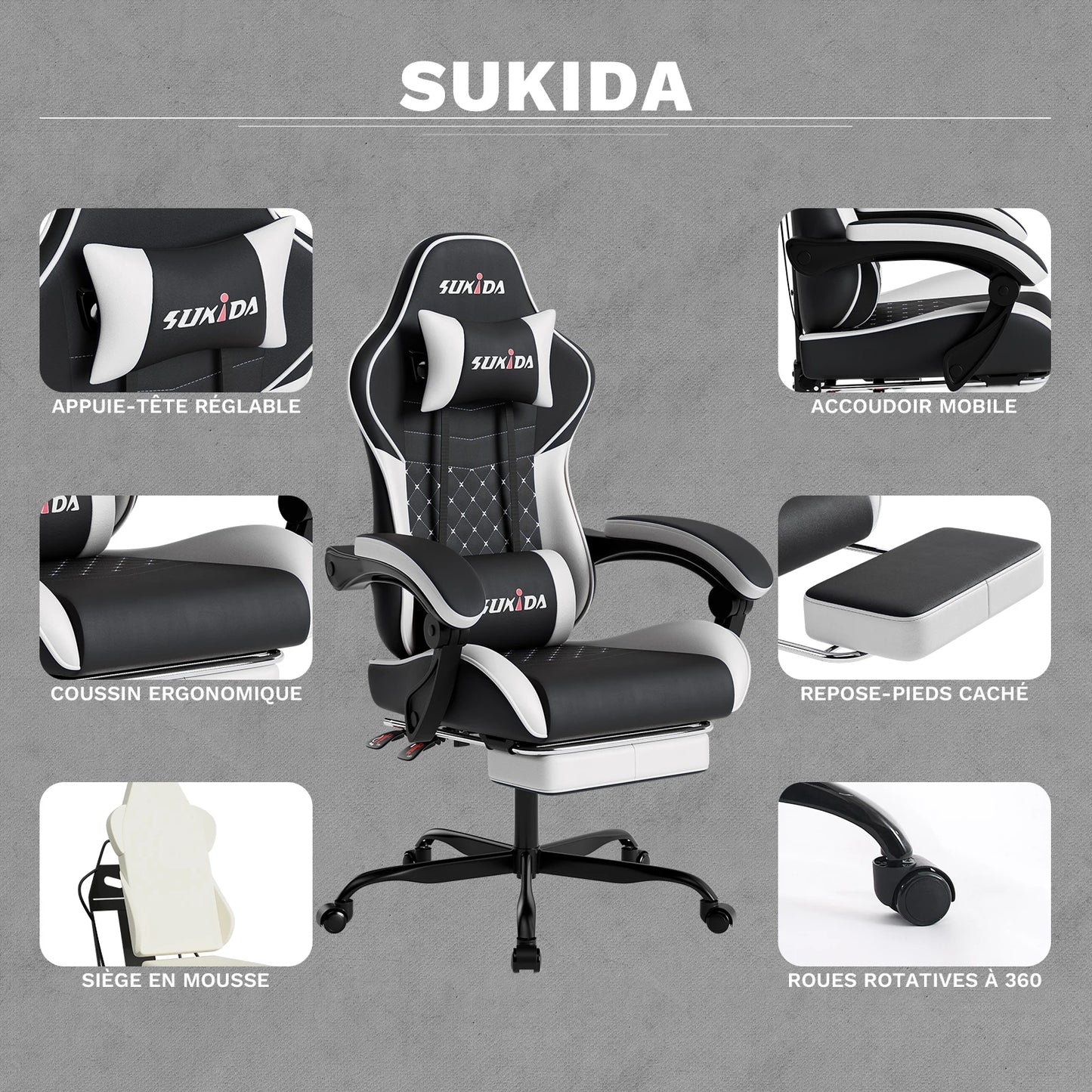 SUKIDA Ergonomic Gaming Chair with Footrest, Lumbar Support Computer Chair, Comfortable Office Chair with Adjustable Reclining Backrest