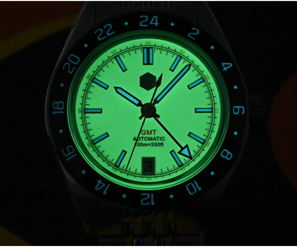 San Martin 39.5mm Limited Edition Full Lume Dial Automatic Men's Watch NH34 GMT 6H Date 10Bar Luxury Watch SN0116W