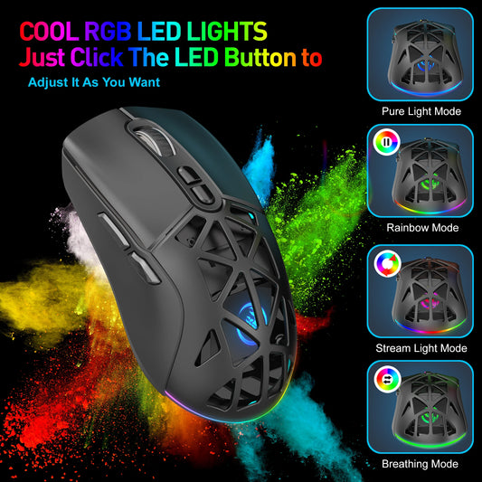 Rato Gaming HXSJ T26 Dual Mode 2.4G+BT5.1 sem fios para portátil, 4800DPI ajustáveis, ergonómico e ótico para computador gamer