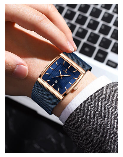 POEDAGAR Men’s Luxury Rectangle Quartz Watch Stainless Steel Mesh Strap, Luminous Dial & Date