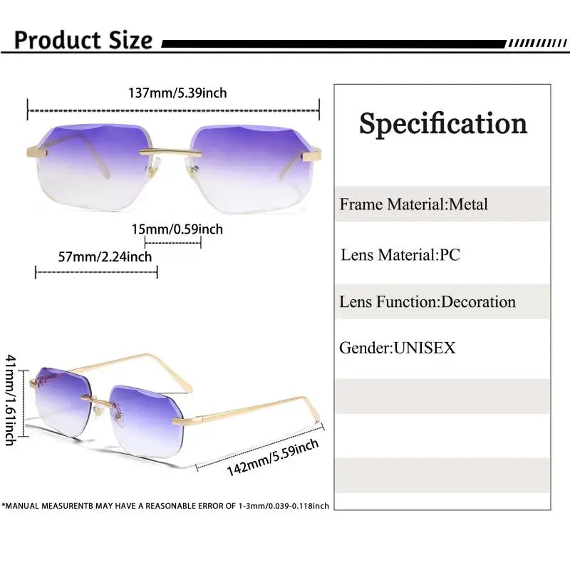 CATERSIDE Fashion Frameless Men's Sunglasses with Design Sense Lenses Metal Temple Sunglasses Women's Party Travel Sunglasses