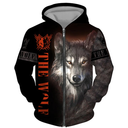 3D Wolf Print Men's Zipper Hoodies Fashion Animal Pattern Top Coat Street Punk Style Oversized Sweatshirts Outdoor Leisure Jackets