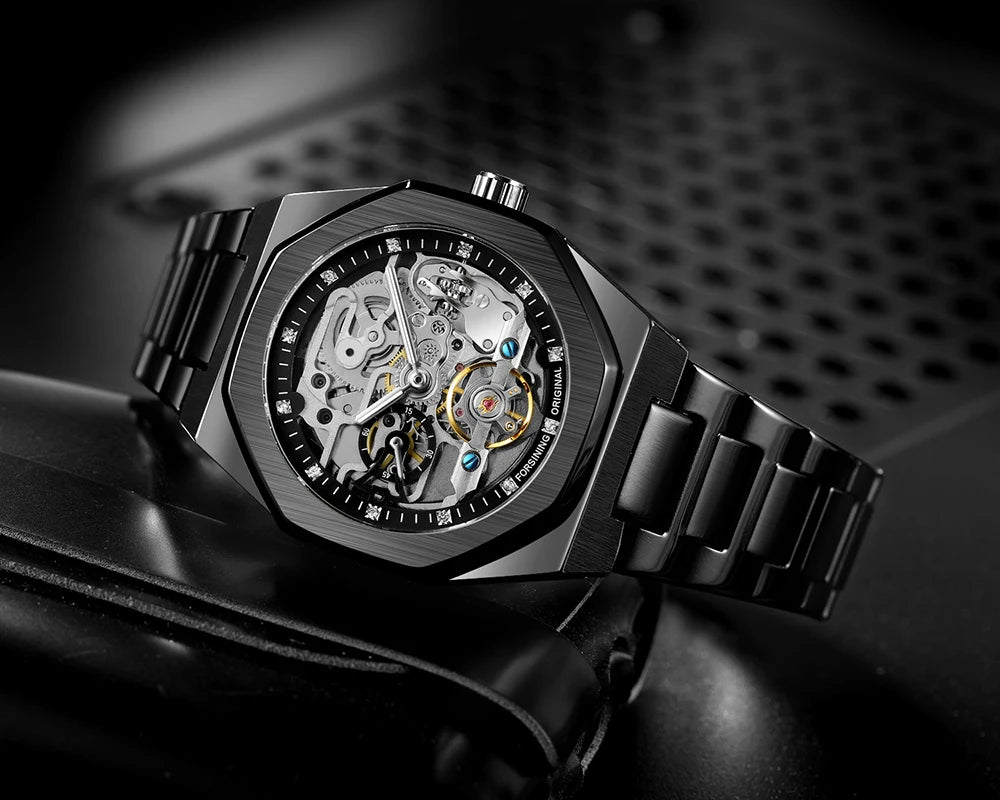 Forsining Tourbillon Skeleton Mechanical Watch for Men Luminous Hands Stainless Steel Strap Fashion Business Automatic Watches