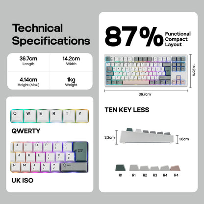 Teclado mecánico EPOMAKER TH87 con distribución ISO-UK TKL, con cable/BT/inalámbrico 2.4Ghz, NKRO, batería de 10000mAh y luz RGB