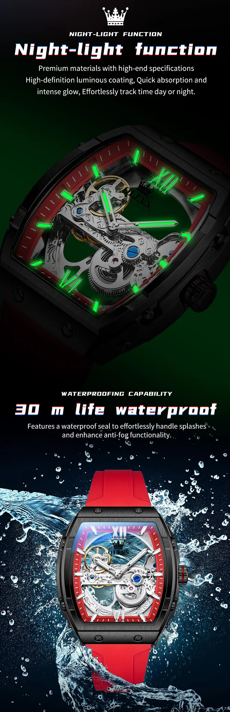 OLEVS 6779 fashion men's watches waterproof Transparent dial silicone tape mechanical watch for man Original brand wristwatch