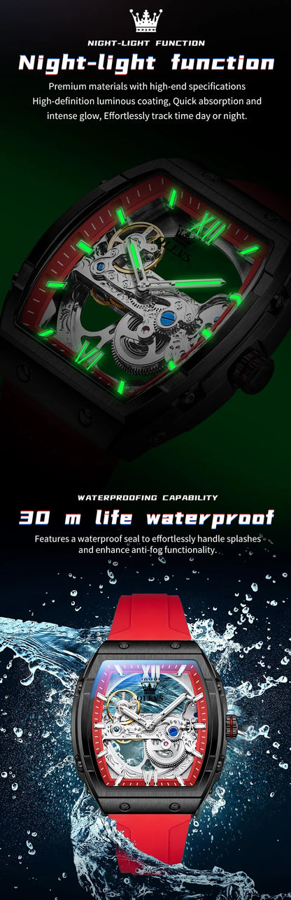 OLEVS 6779 fashion men's watches waterproof Transparent dial silicone tape mechanical watch for man Original brand wristwatch