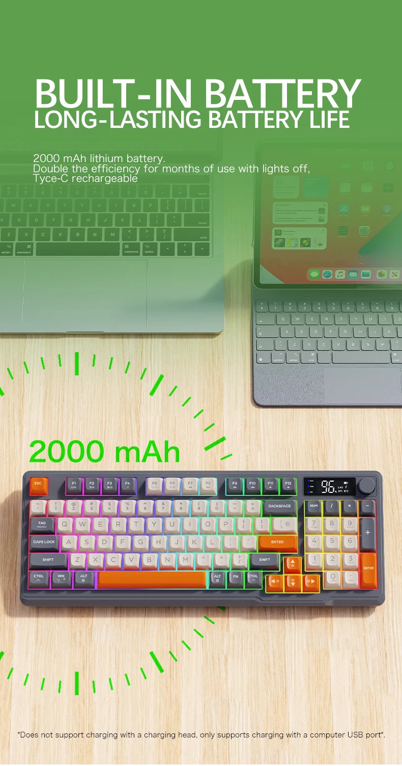 M96 Bluetooth Wireless Keyboard FREEWOLF Digital Display, RGB Backlight, 2000mAh Battery & PBT Keycaps for PC/Laptop