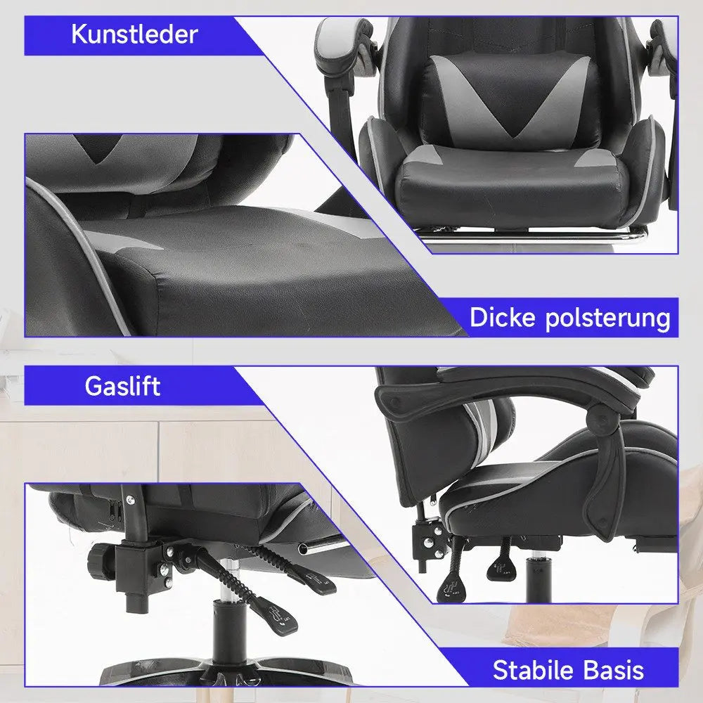 Ergonomic gaming chair, office chair, height adjustable,PU leather computer chair, with headrest and lumbar support, 360° swivel