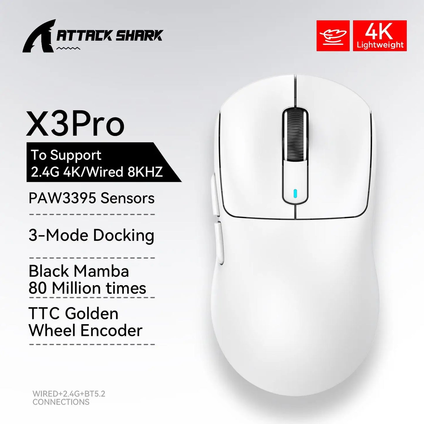 ATTACK SHARK X3 Wireless Gaming Mouse, Tri-Mode Bluetooth Gaming Mouse with PAW3395 Sensor, 26,000 DPI, 4K Polling Rate, RGB Gaming Mouse