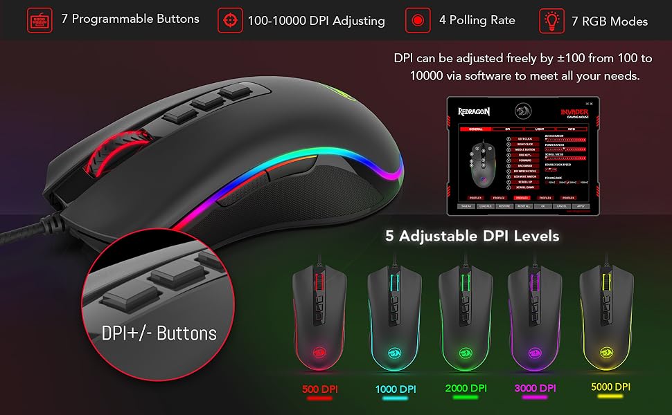 Mouse da gaming per PC Redragon M711 cablato, 7 pulsanti programmabili, RGB personalizzabile, 10,000 DPI, ergonomico