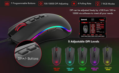Mouse da gaming per PC Redragon M711 cablato, 7 pulsanti programmabili, RGB personalizzabile, 10,000 DPI, ergonomico